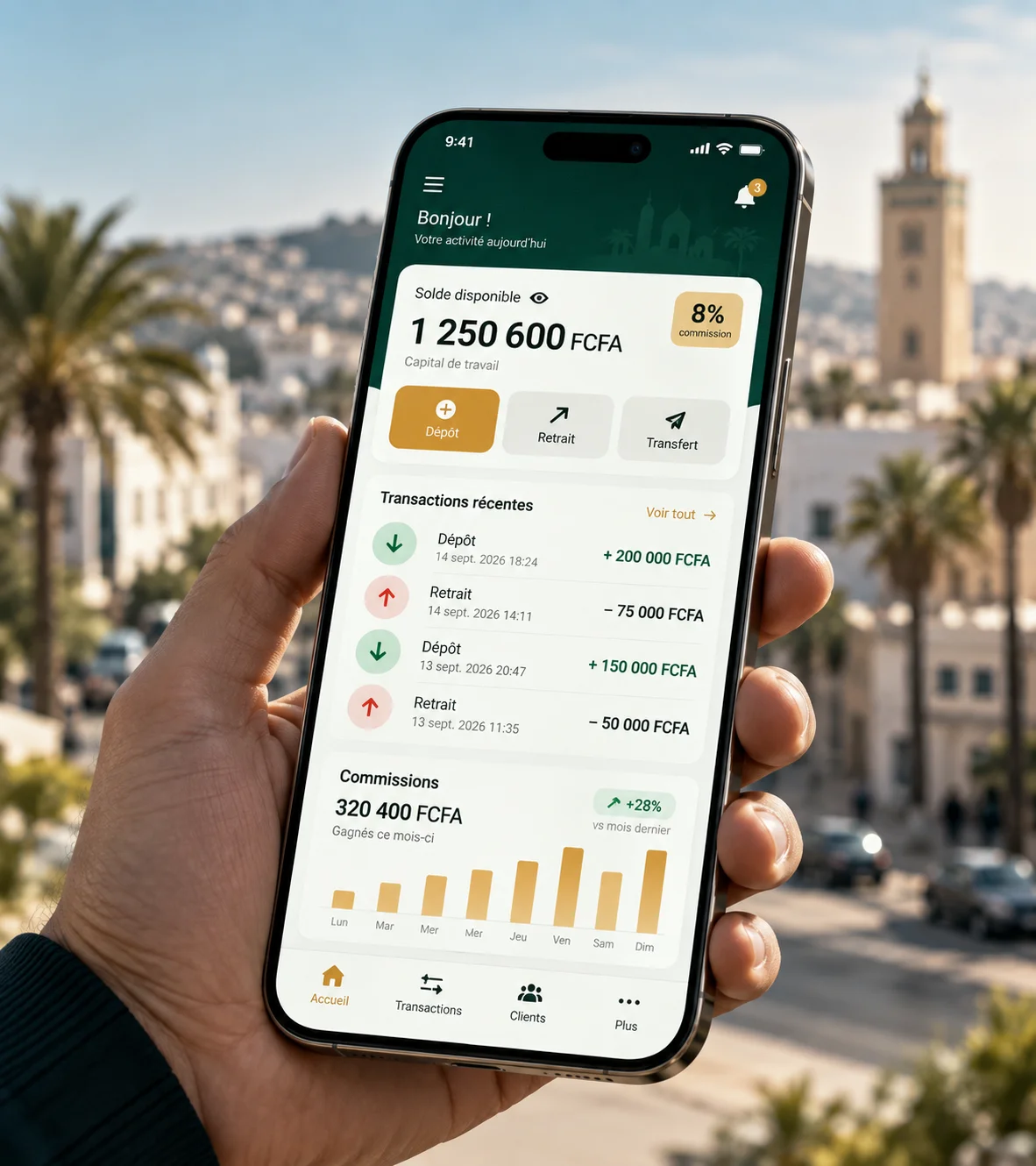 Tableau de bord de l'application MobCash affichant le solde d'un agent 1xBet, ses transactions et ses commissions au Maroc